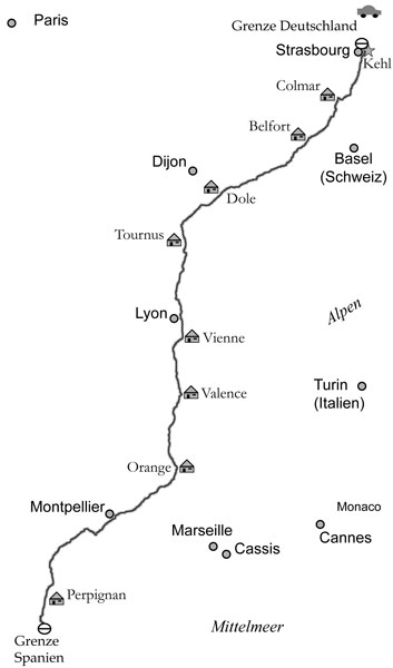 Streckenskizze meiner Fahrt durch Frankreich