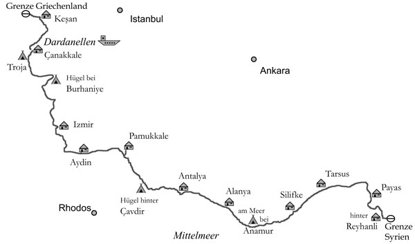 Streckenskizze meiner Fahrt durch die Türkei